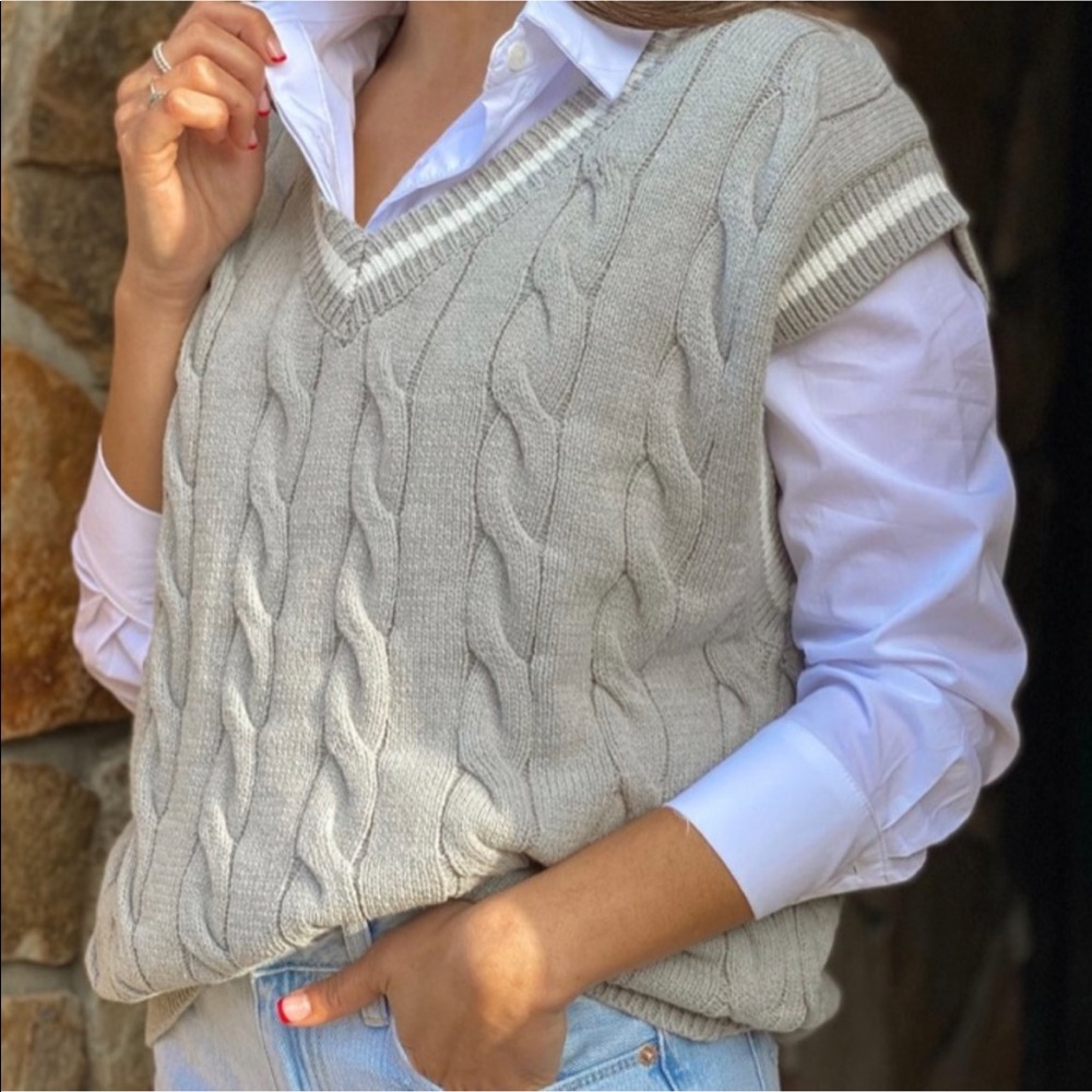 Oversized Cable Knit Vest With Stripe Detail - Size S/M
